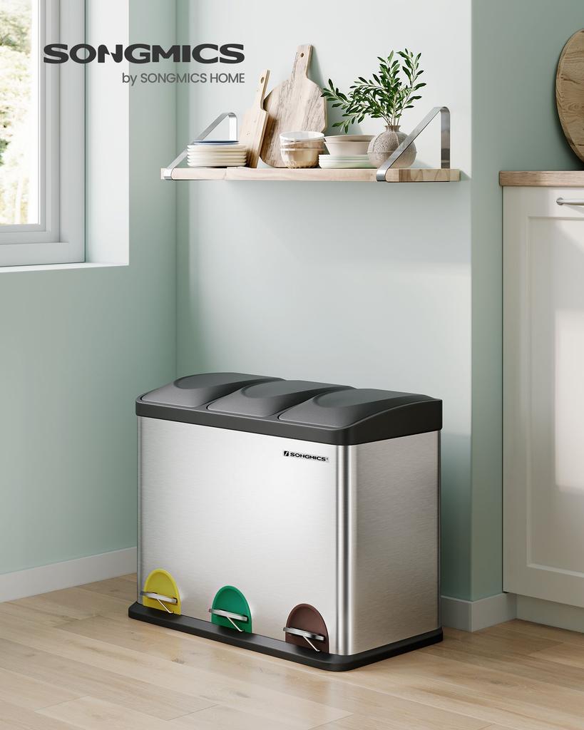 SONGMICS Recycling Bin, Pedal Bin, 45-Litre Metal Rubbish Bin, Waste Separation System Dustbin for Kitchen, Durable, 3 x 15 Litres, Stainless Steel