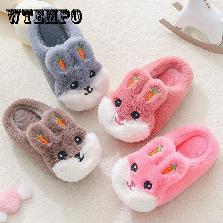 Winter Kids Slippers Cartoon Cute Rabbit Sliders Shoes for Boys Girls Toddler Slippers Plush Soft Fur Cotton Home Indoor Furry Children Baby Slippers