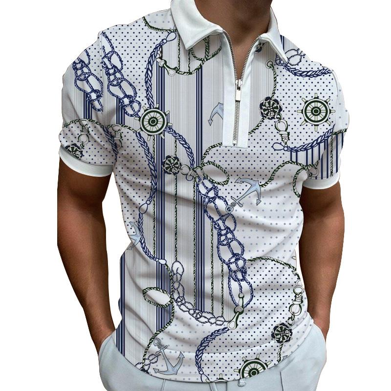 New Men's Printed Zipper POLO Shirt Breathable Loose Short Sleeve T-shirt Men's Top