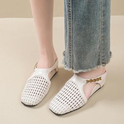 Летние плетеные шлепанцы на танкетке с полым каблуком, новые, с квадратным носком, металлической цепочкой, легкие, дышащие, слипоны