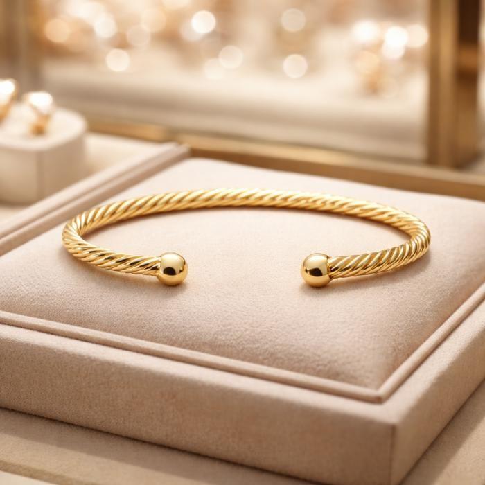 Bracelet JONC Femme Plaqué Or 18 Carats Rigide Torsadé Tressé Diamètre 56mm Bijou Poinçonné Éclat Miroir Cadeau Luxe Chic Tendance