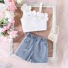 Летний детский комплект для девочек, топ с косыми бретельками и цветочным принтом + ковбойские шорты, 2 шт., детская футболка