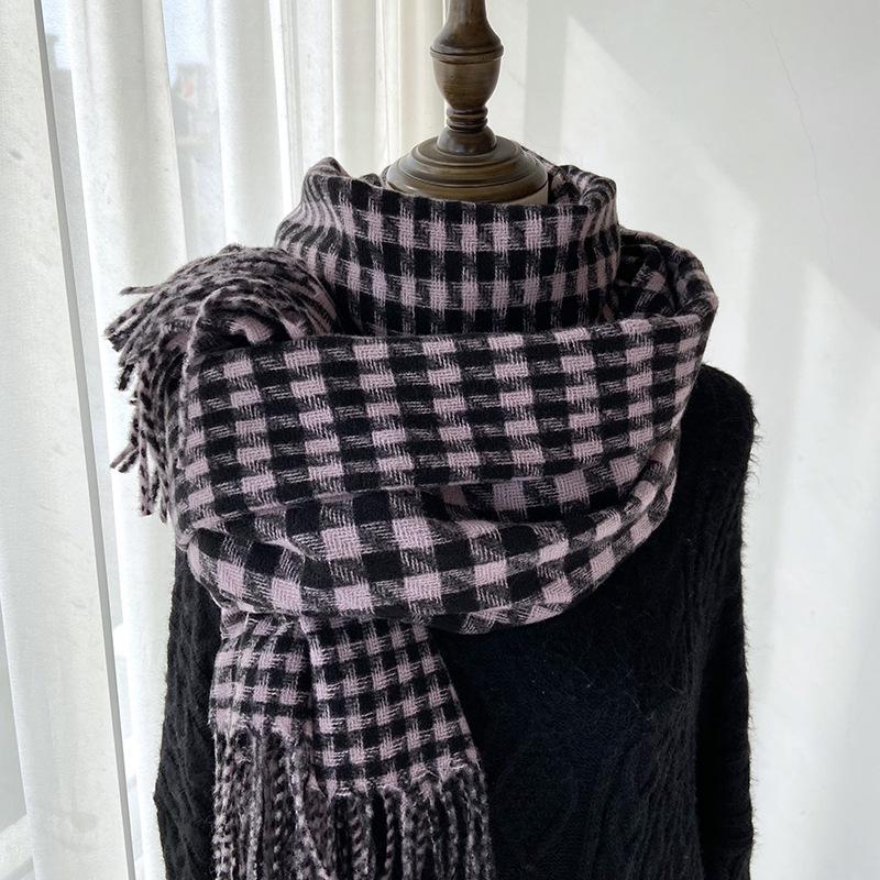 Женский зимний шарф, новый теплый ретро клетчатый контрастного цвета, клетка «тысяча птиц», вязаный шарф с бахромой