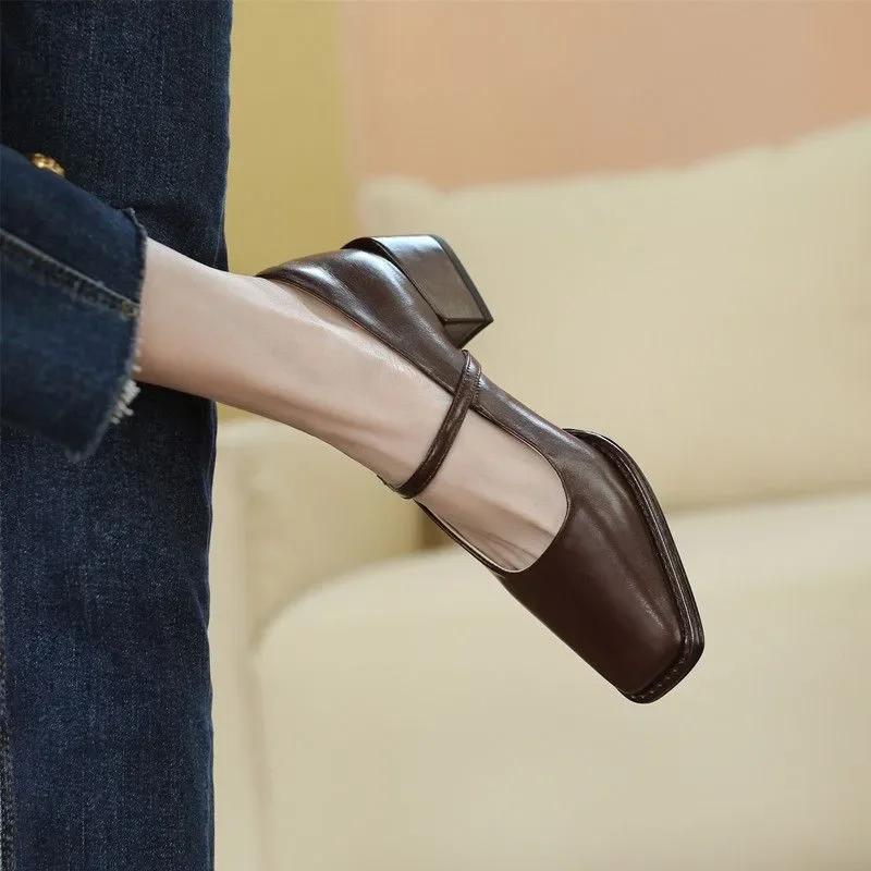 Туфли Мэри Джейн французские женские туфли-лодочки весна осень средний каблук толстый квадратный носок мокасины на пуговицах неглубокие черные коричневые женские каблуки