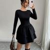 Весна осень повседневный облегающий черный эластичность оборка пышное платье элегантное А-силуэта с круглым вырезом длинным рукавом однотонное вечернее мини-платье женское