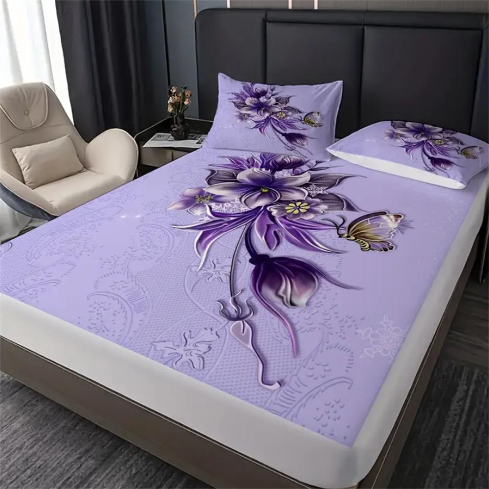 Элегантный комплект простыней на резинке с цветочным узором из лепестков бабочек - 100% полиэстер, мягкий, дышащий, гипоаллергенный и устойчивый к сминанию