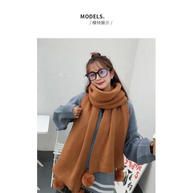 Scarf Winter New Korean Version Baiqiu Winter Solid Color Student White Hanging Ball Knitted Wool Winter Girl Scarf