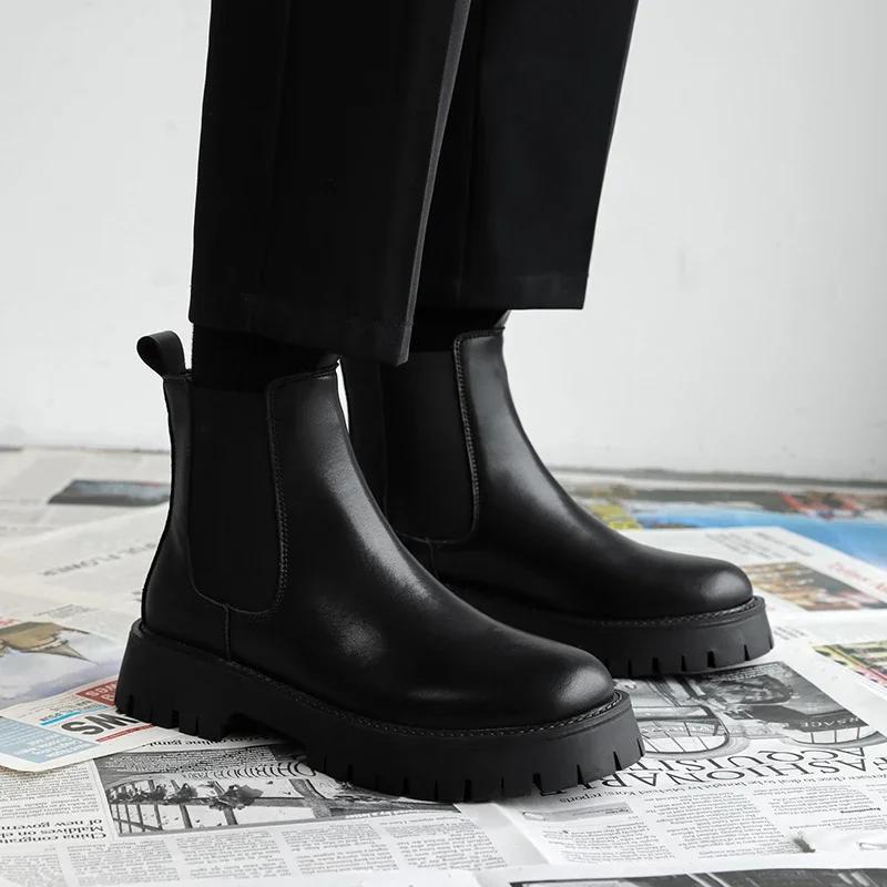 Уличные кожаные мужские ботинки без застежек на платформе, роскошные брендовые мужские зимние плюшевые ботинки для снега, модные универсальные мужские ботинки для мотокросса