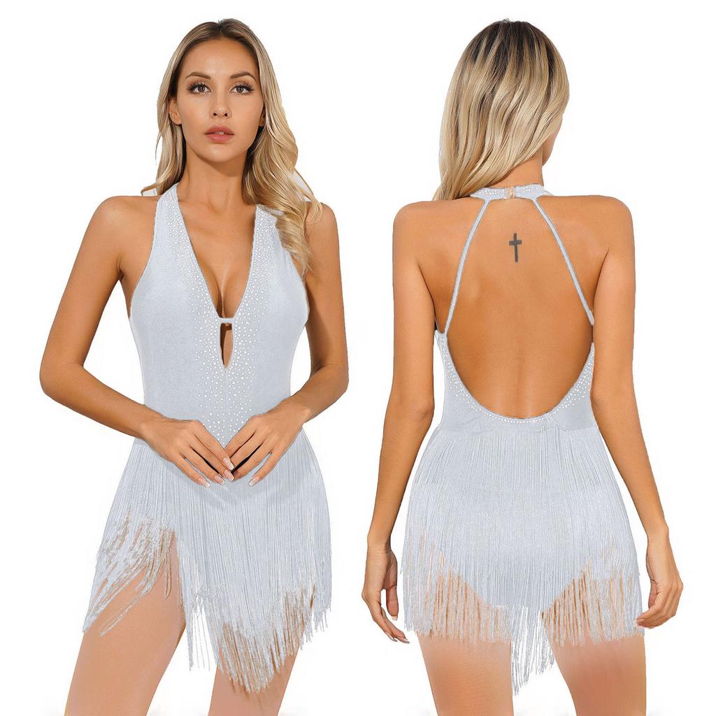Women's Shiny Rhinestone Tassel Latin Jazz Ballroom Lyrical Dance Dress Fringed Leotard Bodysuit