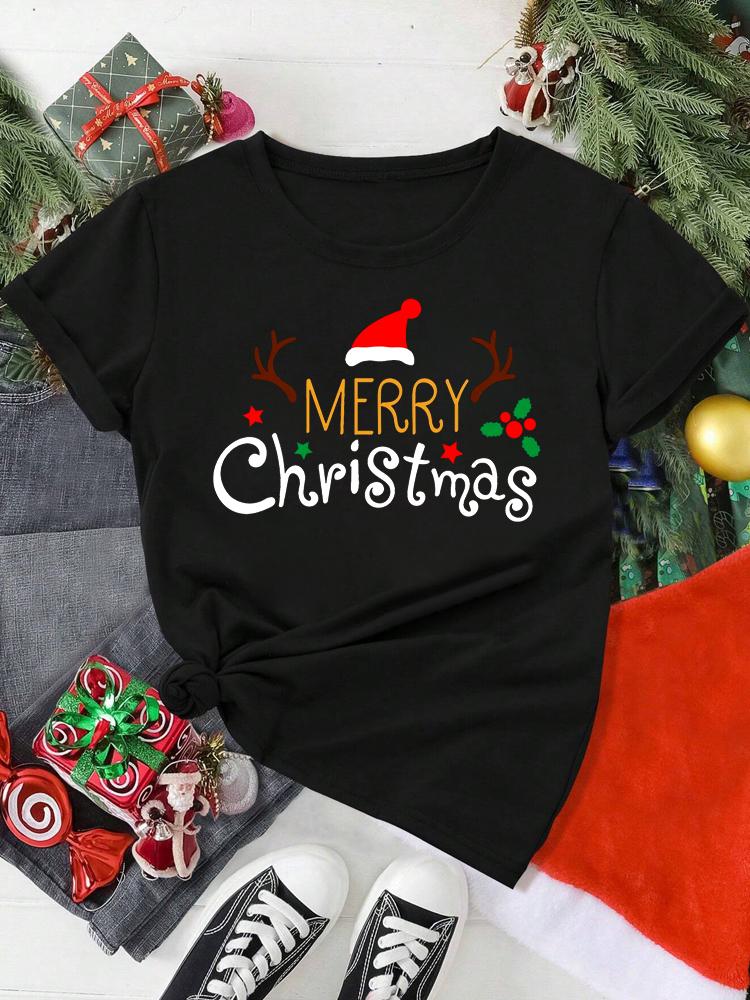 Смешная футболка с принтом Merry Christmas для женщин, Харадзюку 90-х, Рождественская футболка для девушек, Красная, Подходит для всех сезонов, Футболка, Топы