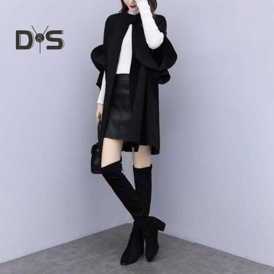 Женское зимнее пальто с рукавами-лепестками, воротником-стойкой, накидкой-трапецией, кардиганом средней длины с открытыми стежкам, шерстяным пальто для улицы, пончо