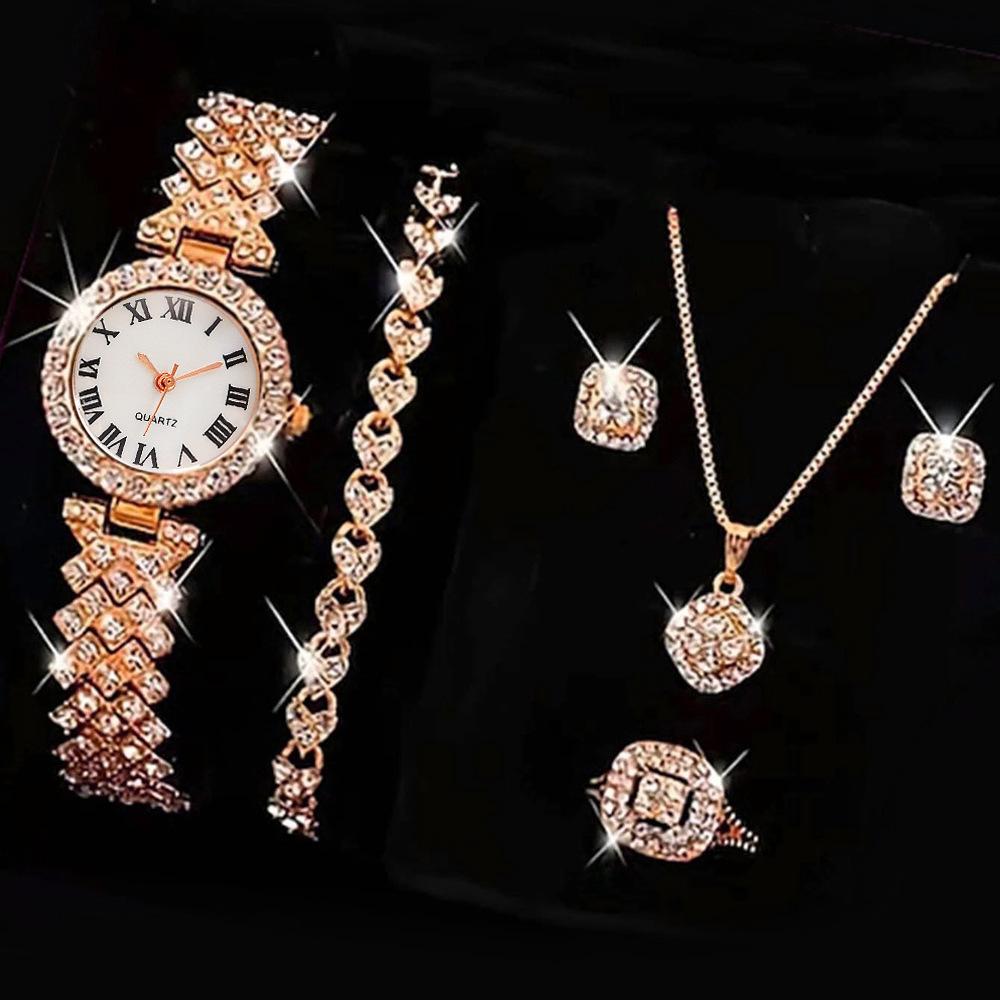 Trendy Unisex Roman Pattern Necklace Diamond Bracelet Fashion 6PCS Quartz Watch Women's Watch Earrings Crystal Ring Women Watch Set