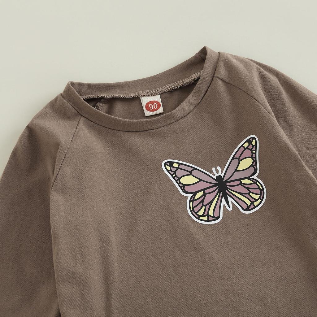 0-6Years Toddler Kids Girls Fall Outfits Butterfly Print Long Sleeve Shirt Tops with Stretch Flare Pants
