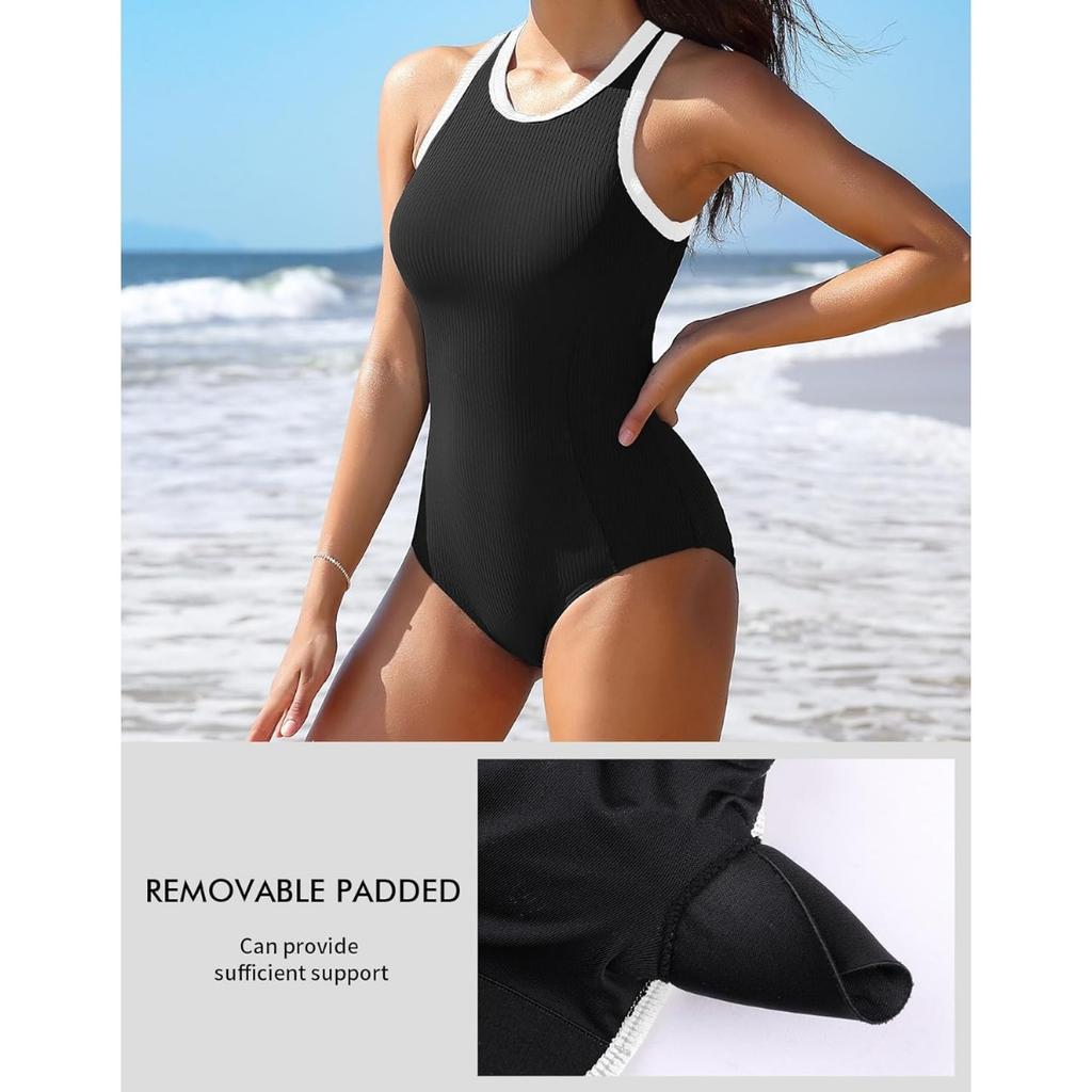 CHARMLEAKS Women One Piece Swimsuit Zipper Back Ribbed Swimwear Sporty Racerback High Neck Bathing Suit