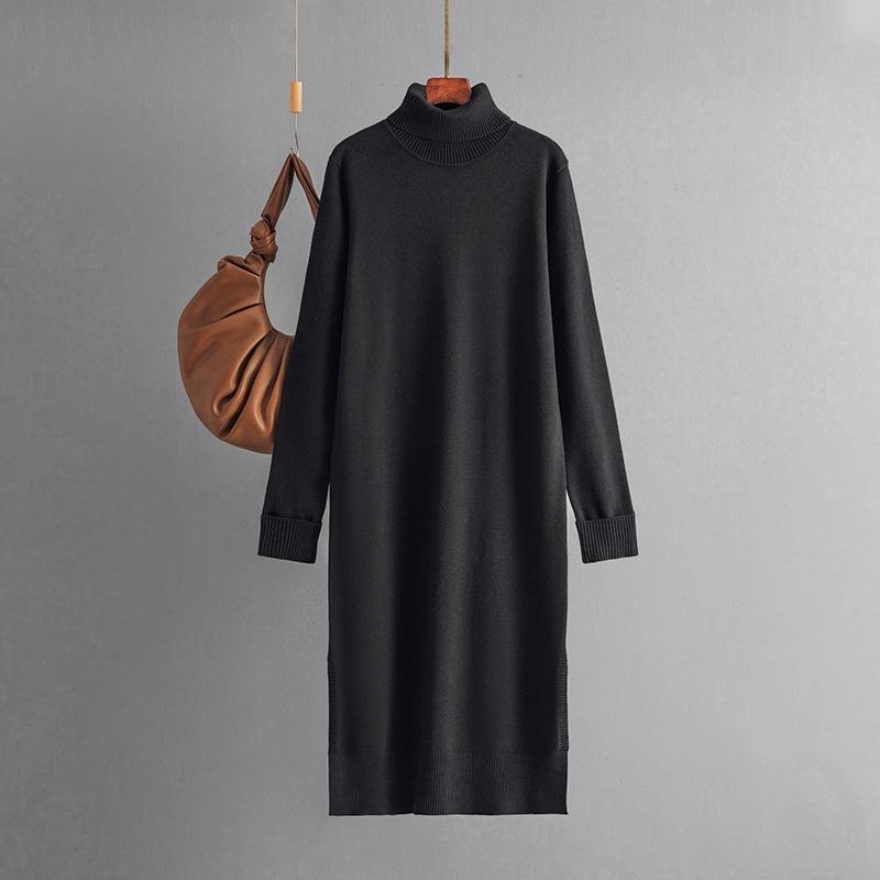 Women's Clothing, New Casual Solid Color Turtleneck Knitted Sweater Slit Primer Dress In Autumn and Winter