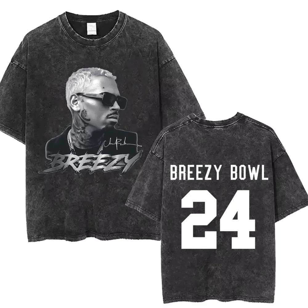 Винтажная стираная футболка с графикой Криса Брауна Breezy Bowl XX Tour 2026 Мерч Футболки Мужские Женские Хип-хоп Мода Оверсайз Футболки