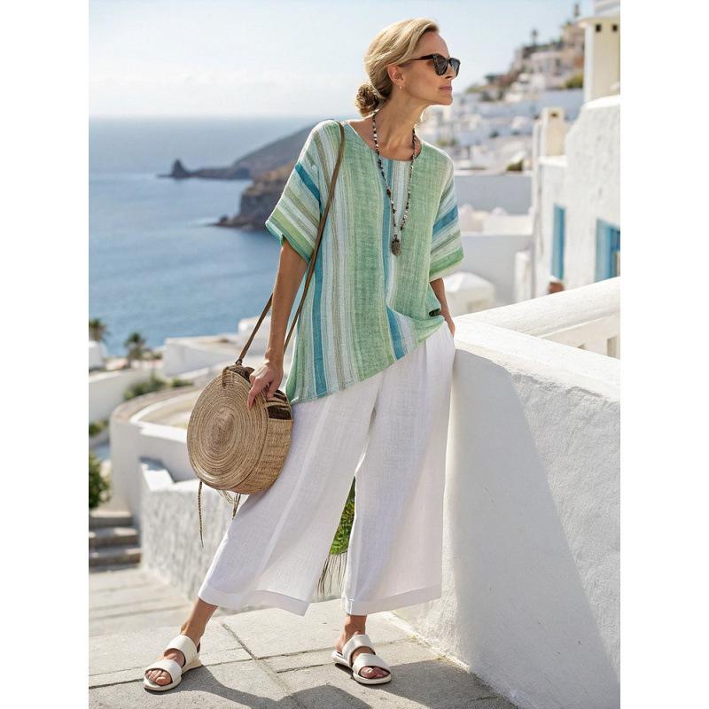 Printed short-sleeved shirt and trousers set Fashion loose round neck top High waist trousers Two-piece set