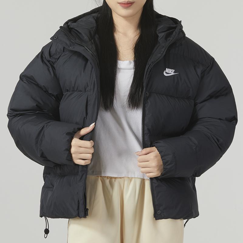 Nike Однотонная ветрозащитная теплая короткая спортивная куртка-пуховик с капюшоном для женщин, черная FD8291-010