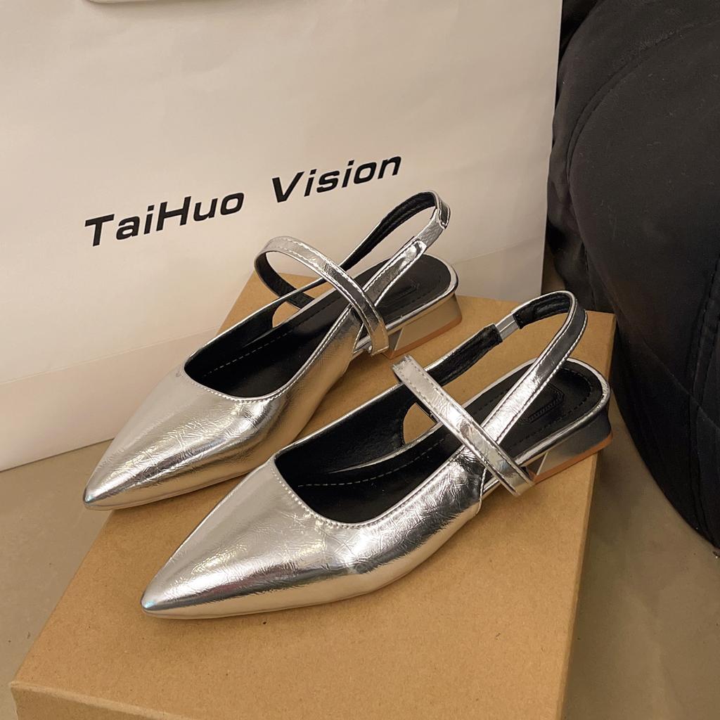 Роскошные летние женские сандалии с острым носком, с ремешком через пятку, мюли, элегантные женские туфли на низком каблуке для вечеринок стриптиза