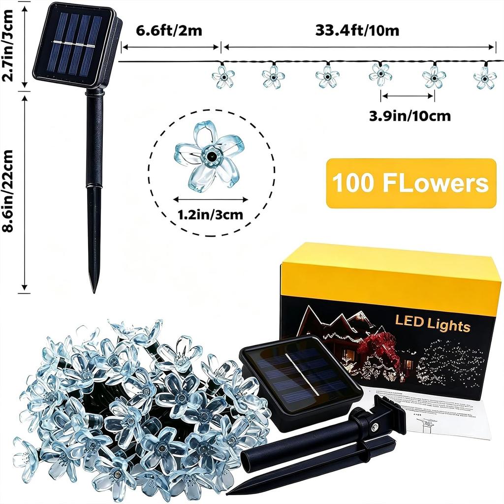 Solar String Flower Lights Outdoor 100 LED 40Ft Multi-Color Christmas Fairy Lights with 8 Lighting Modes, Waterproof Solar Lights Outdoor for Garden