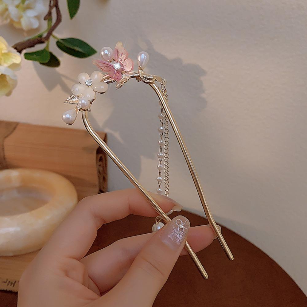 Fashion Metal Flower and ButterflyTassel Hair Stick Women Chinese Style U-shaped Hanfu Hairpin Headwear Jewelry Hair Accessories