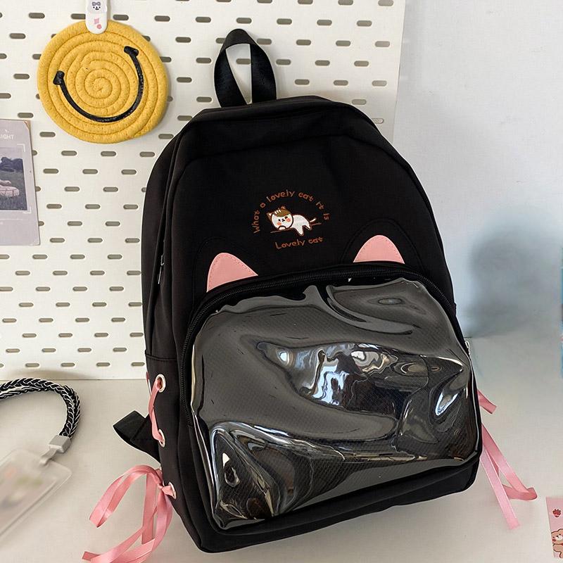SCIONE New Transparent Schoolbag Large-capacity Contrast Ridge Protection Backpack Two-dimensional Cute Cartoon Cat Backpack
