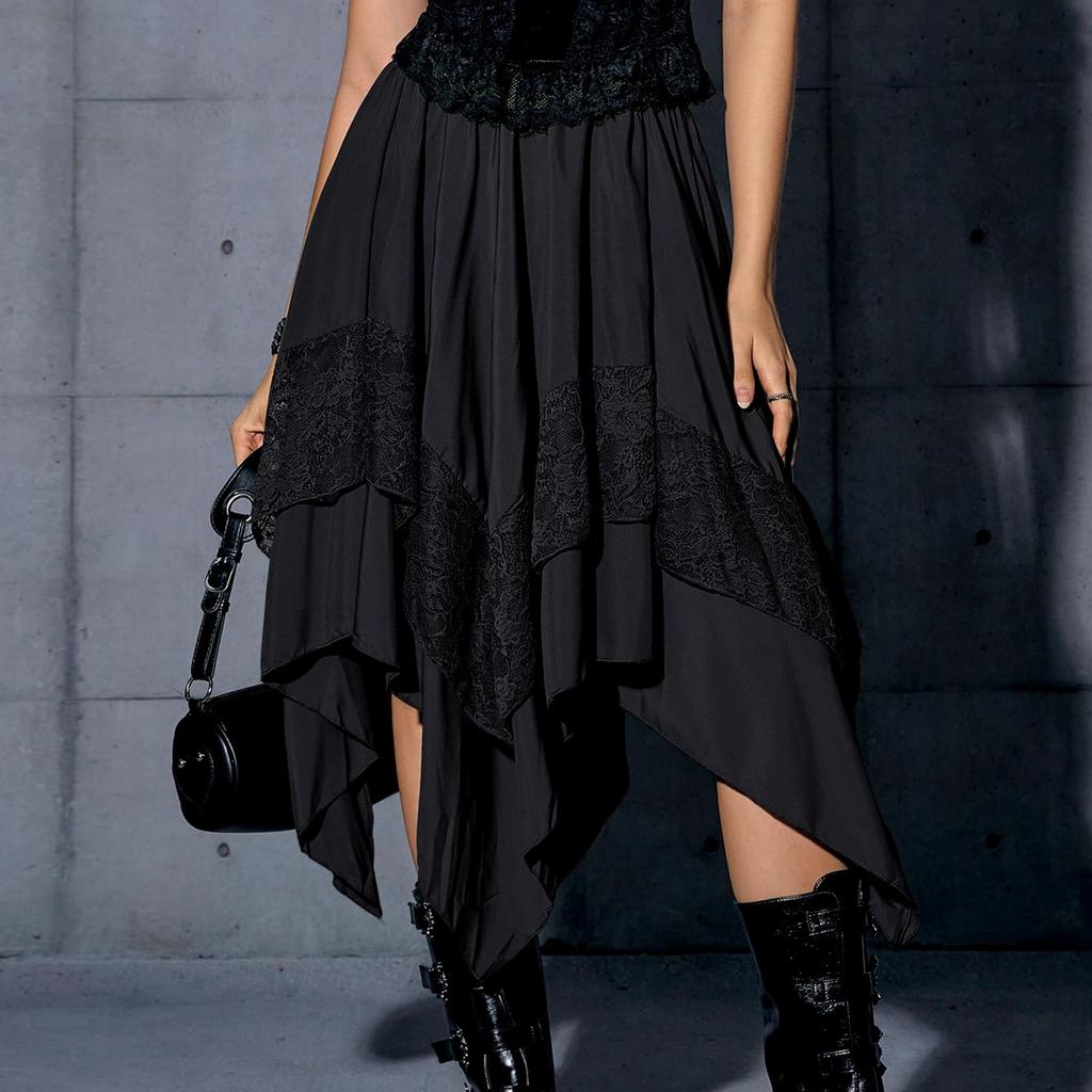 Women's Flowy Skirt Contrast Lace Layered Asymmetrical Midi Skirts