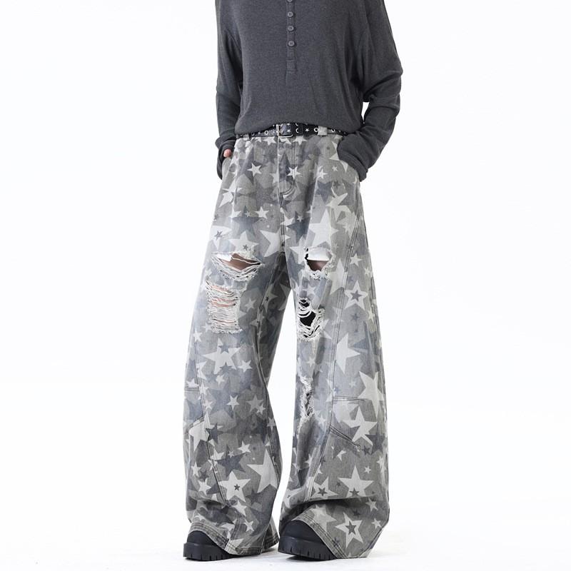American Star Print Distressed Jeans Unisex High Street Loose Wide Leg Pants