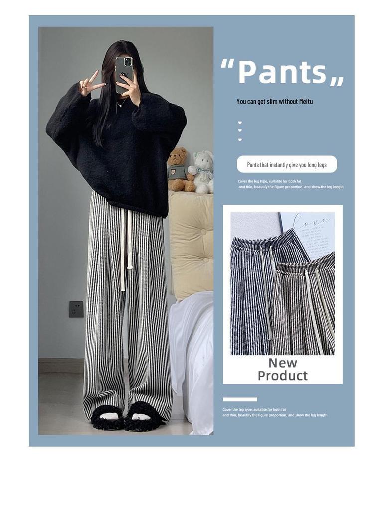 High-Quality Women's Retro Striped Wool Pants - Autumn/Winter Casual High-Waisted Slimming Straight-Leg with Wide-Leg Drape