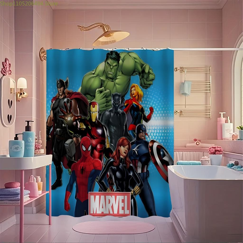 1 шт. Занавеска для душа Marvel с крючками - Яркий полиэстеровый дизайн, Машинная стирка, Без подкладки, Персонаж мультфильма Ванная комната