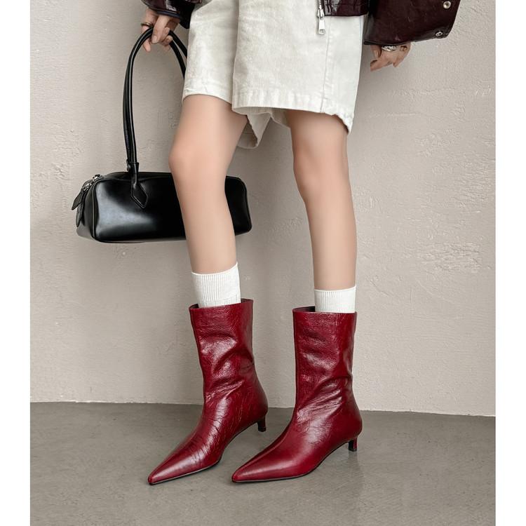 Модные новые осенне-зимние женские ботинки из натуральной кожи, туфли с острым носком для женщин, модные ботинки на среднем каблуке, ботинки до середины икры, обувь универсальная