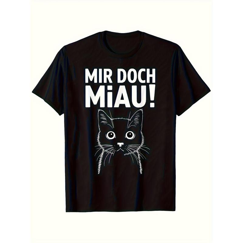 New Funny Black Cat Mir Doch Miau Graphic T-Shirt for Men | 100% Relaxed Fit Casual Tee with Playful German Saying Design, All-Season Comfort, Sizes