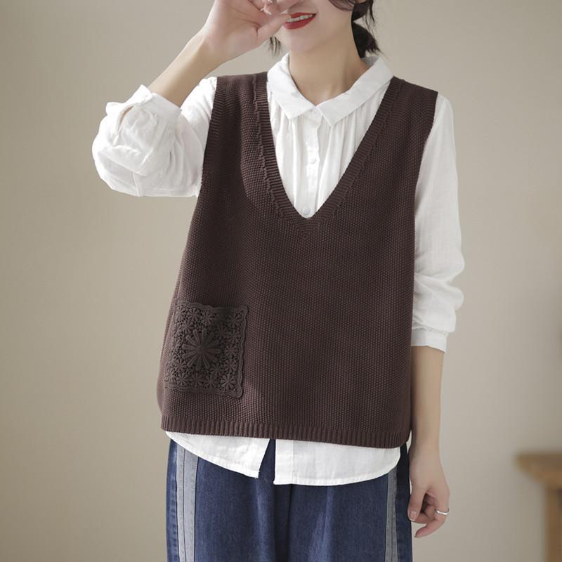 Knitted Vest for Women Spring and Autumn V-neck Thread Knitted Vest Loose Vest for Women Korean Lace Hook and Flower Pullover Casual Layering Camisole