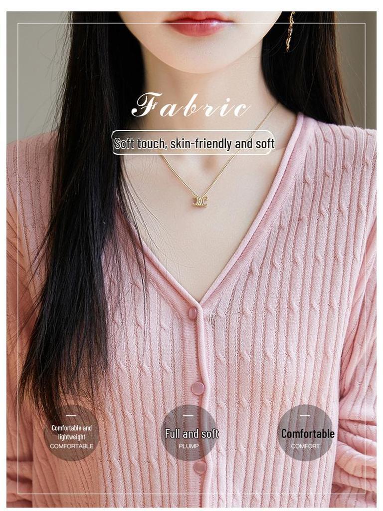 2025 Весна/Лето Женский Шерстяной Шелковый Кардиган Свободной Трикотажи с Длинным Рукавом и V-образным Вырезом