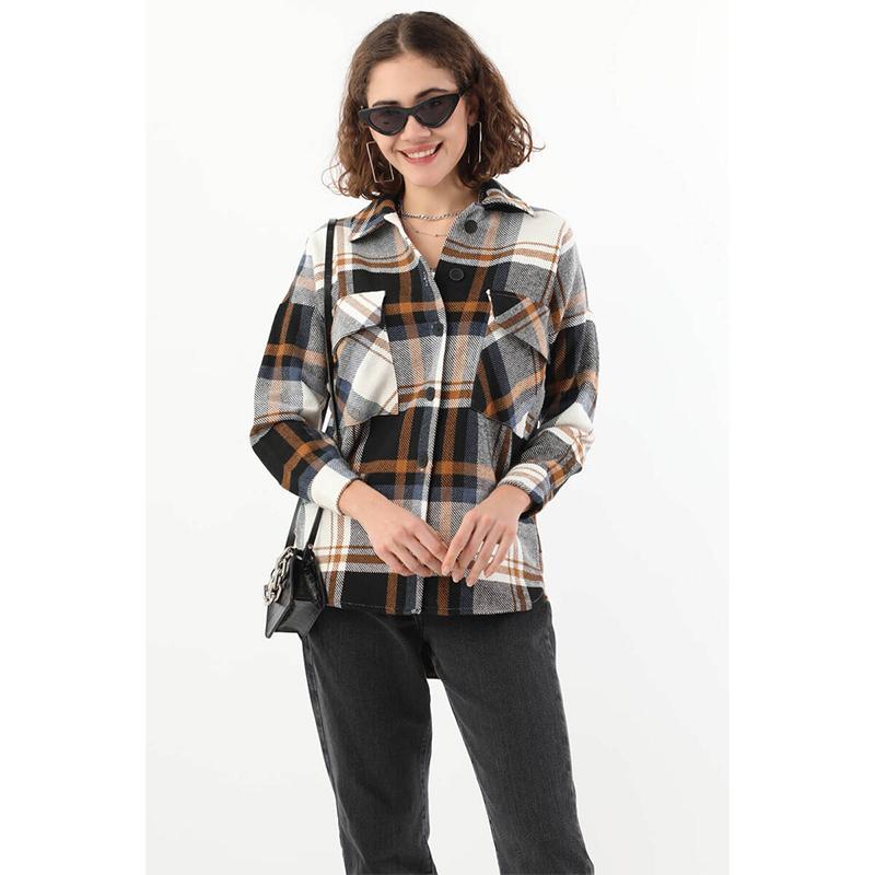 Женская рубашка дровосека большого размера с передним карманом темно-синяя