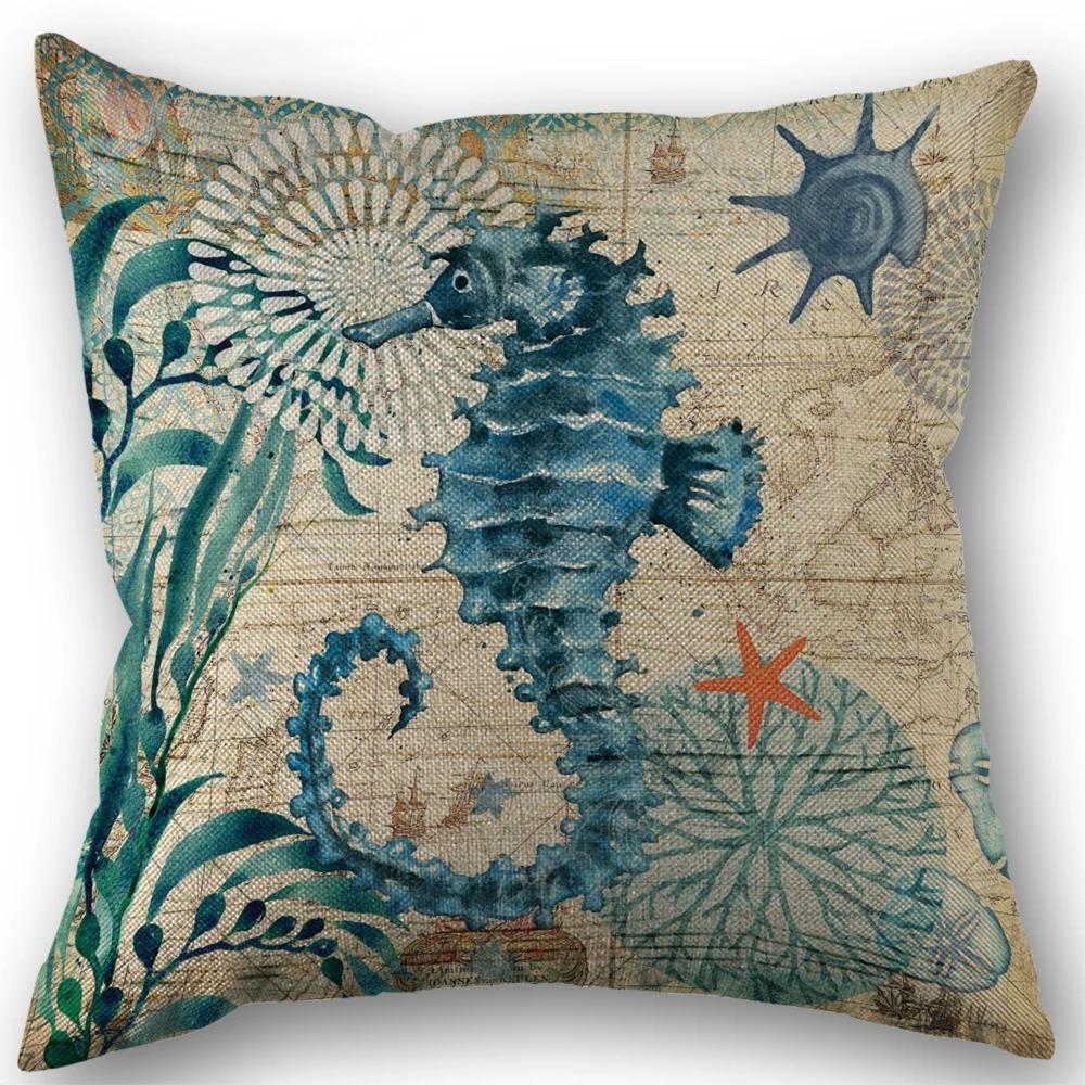 Marine Life Turtle Seahorse Whale Octopus Cushion Cover Pillow Cover Retro Linen Fabric 45x45cm
