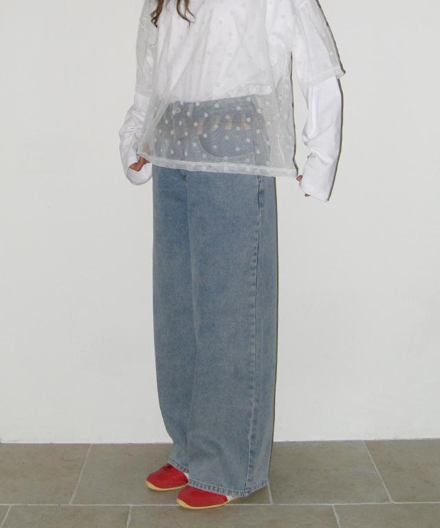 Ronron Check Frill Layered Denim Pants Light Blue