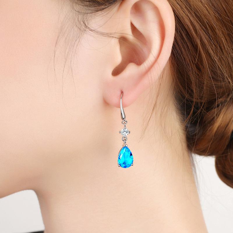 Real 925 Sterling Silver Long Tassel Crystal Oval Drop Earring For Women Girls Wedding Party Elegant Jewelry