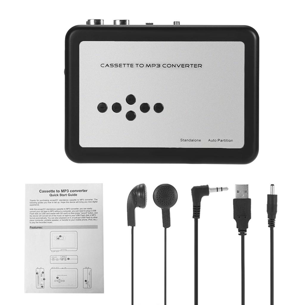 Конвертер кассеты в MP3, сохранение на USB-флеш-диске, автономное записывающее устройство с автоматическим разделением на разделы и наушниками, черный с серым
