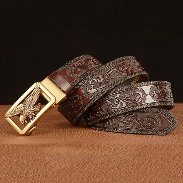 Мужской ремень из натуральной кожи с резным цветочным узором, орлом, золотым автоматическим пряжкой, ремень для джинсов