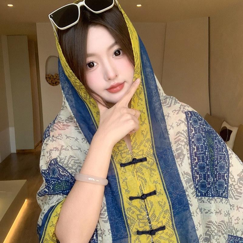 Ethnic style buckle blue shawl summer outside tie-dye cape seaside photo sunscreen silk scarf versatile scarf women
