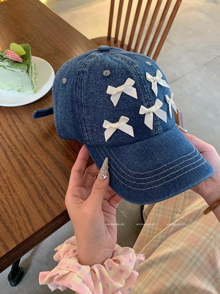 Бейсболка из джинсовой ткани Bow для женщин - легкая, регулируемая посадка, защита от солнца - идеально подходит для любого сезона, корейский стиль, узел-бабочка, кепка-утконос