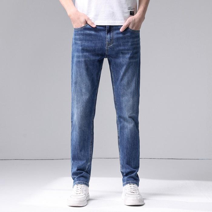 Весенне-летние новые мужские джинсы и брюки из чистого хлопка, облегающие, прямые, стрейч, мужские