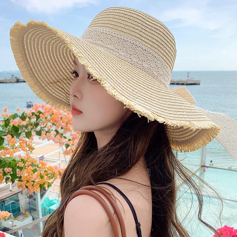 Классические шляпы от солнца с кружевной лентой, элегантная летняя соломенная шляпа с необработанным краем и широкими полями, пляжная кепка для путешествий на открытом воздухе для женщин, повседневное использование