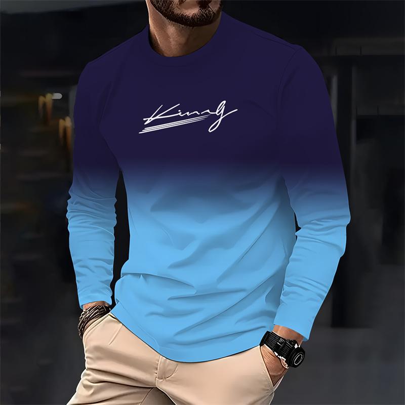 Spring and Autumn Gradient Men's Casual Loose Long Sleeve T-shirt Fashion Crewneck Polyester T-shirt Comfortable Men's Wear