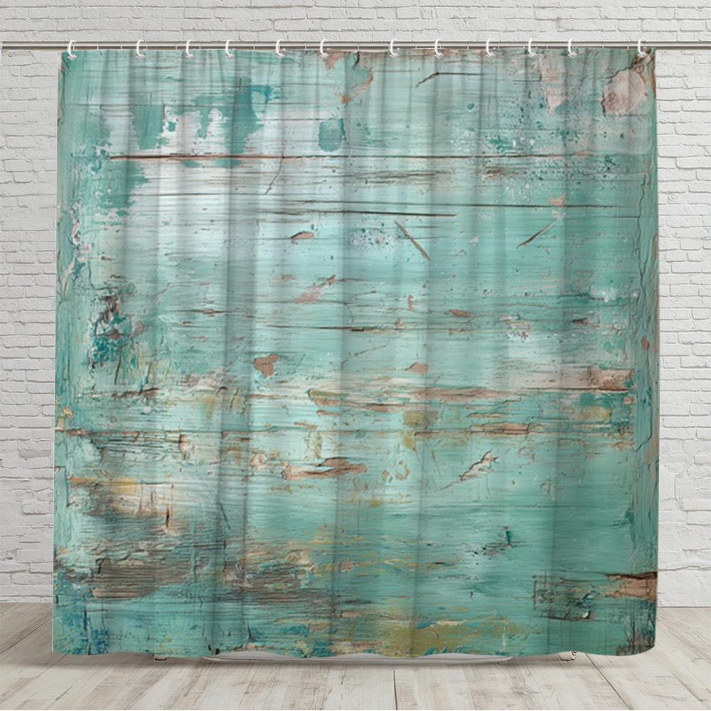 Polyester Shabby Chic Distressed Aqua Wood Grain Shower Curtain Waterproof Bathroom Home Decor Tapestry