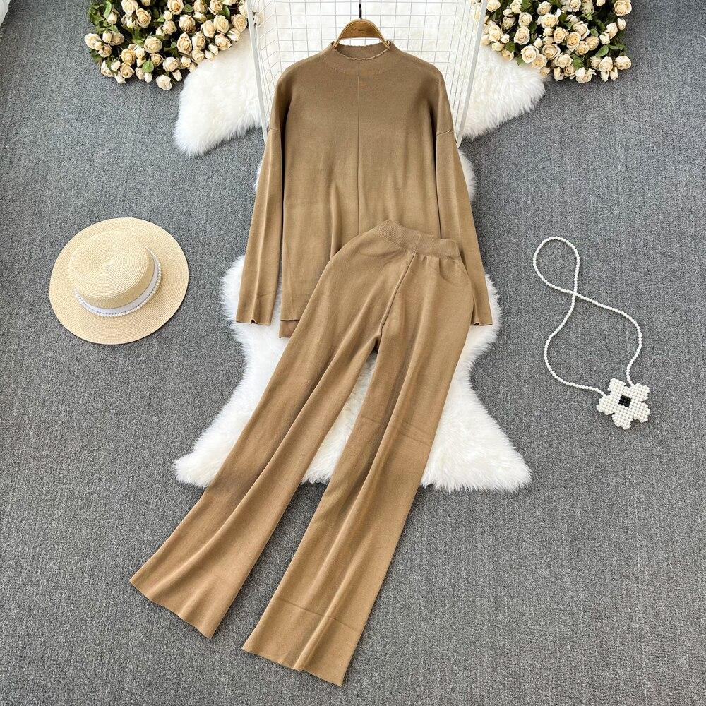 Fashion Collar Loose Long-sleeved Irregular Knit Tops High Waist Thin Straight Pants Two-piece Set