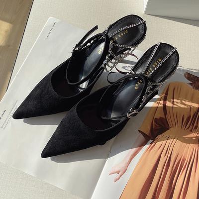 Женская обувь, модные туфли-лодочки с острым носком, туфли на высоком каблуке с украшением в виде цепочки, элегантные сандалии с пространством на спине, повседневные с пряжкой One-Word