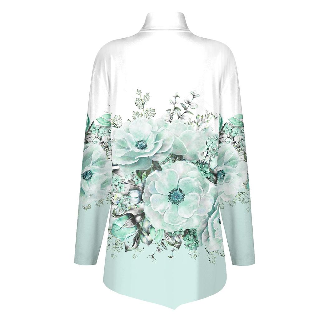 Casual Fashion Floral Print Shirt Tops High Neck Irregular Hem Long Sleeve Pullover Tops