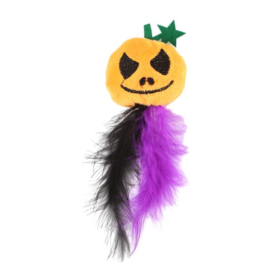 Self-entertainment Cat Toy Halloween Pumpkin Toy, Squeaky Stuffed Chew Interactive Soft Plush with Feathers for Indoor Cats